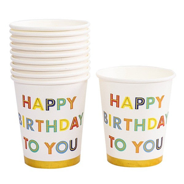 Set 10 Pahare Petrecere, Imprimeu Happy Birthday, Carton Reciclabil, Pentru Aniversari si Evenimente, 250 ml, Multicolor, 7.5 x 8.5 x 5.2 cm