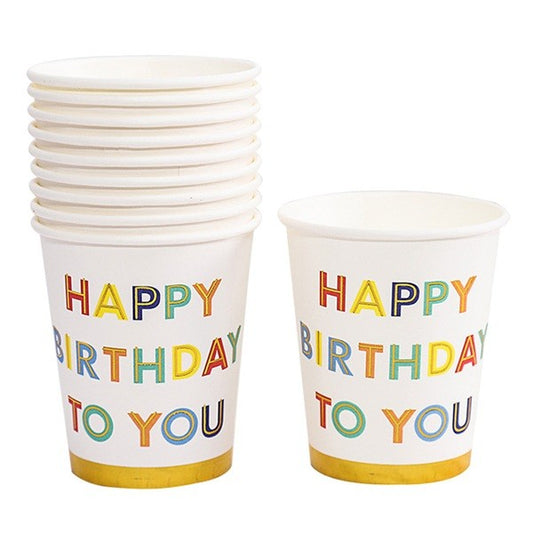 Set 10 Pahare Petrecere, Imprimeu Happy Birthday, Carton Reciclabil, Pentru Aniversari si Evenimente, 250 ml, Multicolor, 7.5 x 8.5 x 5.2 cm