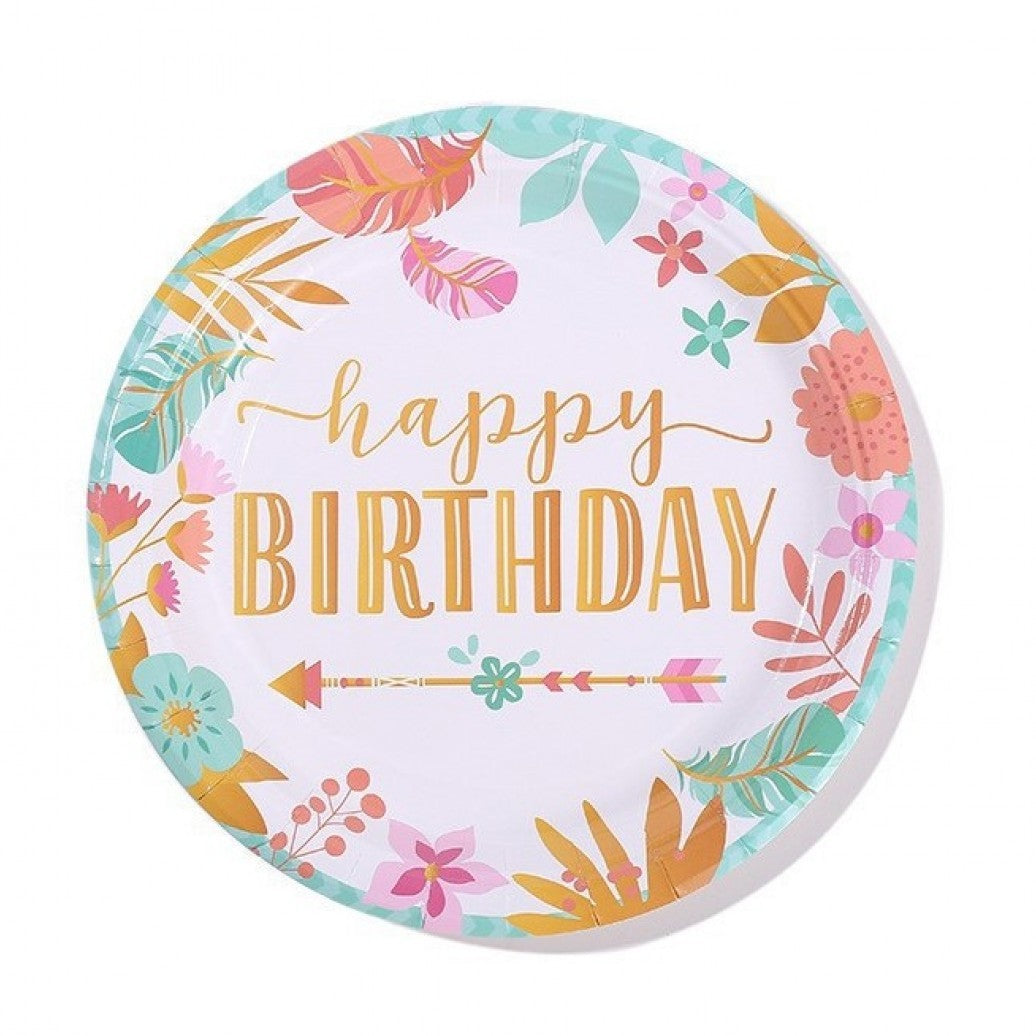 Set 10 Farfurii Unica Folosinta Happy Birthday, Farfurii Petrecere Aniversare cu Imprimeu Frunze, Carton si Plastic, 18 cm, Multicolor