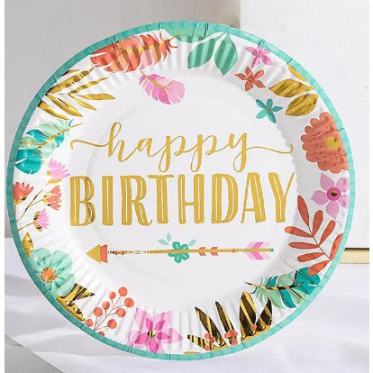Set 10 Farfurii Unica Folosinta Happy Birthday, Farfurii Petrecere Aniversare cu Imprimeu Frunze, Carton si Plastic, 18 cm, Multicolor