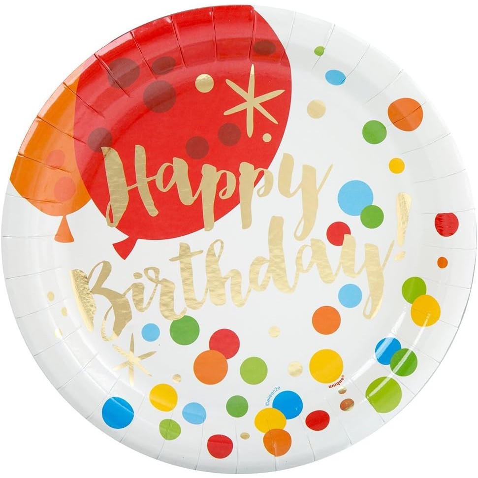 Set 10 Farfurii de Unica Folosinta, Imprimeu Happy Birthday cu Buline, Farfurii Carton si Plastic pentru Petrecere, 18 cm, Multicolor