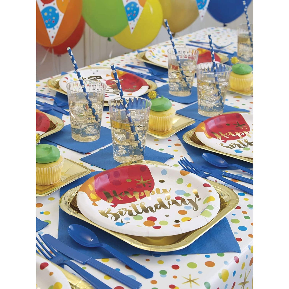 Set 10 Farfurii de Unica Folosinta, Imprimeu Happy Birthday cu Buline, Farfurii Carton si Plastic pentru Petrecere, 18 cm, Multicolor
