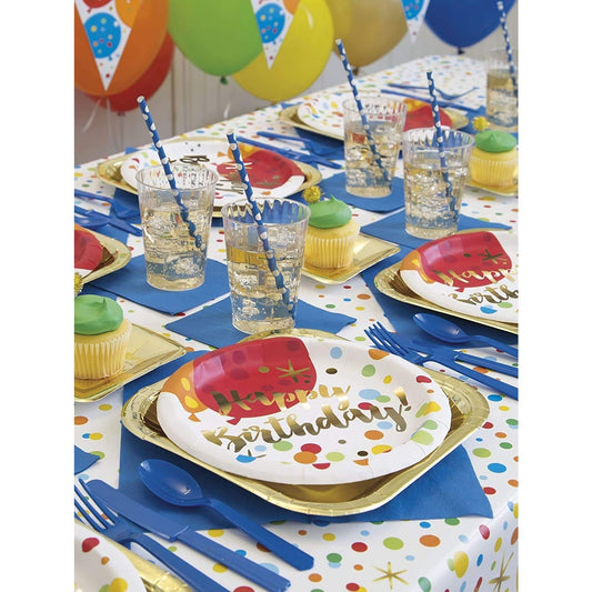 Set 10 Farfurii de Unica Folosinta, Imprimeu Happy Birthday cu Buline, Farfurii Carton si Plastic pentru Petrecere, 18 cm, Multicolor