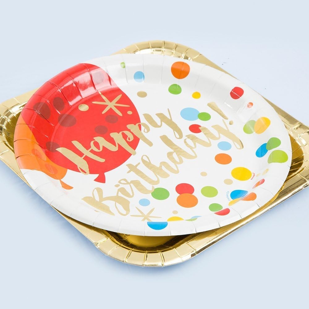 Set 10 Farfurii de Unica Folosinta, Imprimeu Happy Birthday cu Buline, Farfurii Carton si Plastic pentru Petrecere, 18 cm, Multicolor