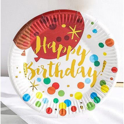Set 10 Farfurii de Unica Folosinta, Imprimeu Happy Birthday cu Buline, Farfurii Carton si Plastic pentru Petrecere, 18 cm, Multicolor