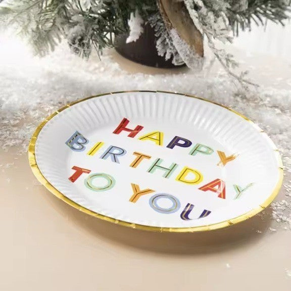 Set 10 Farfurii Unica Folosinta pentru Petrecere, Imprimeu Happy Birthday, Carton cu Strat Protector, Diametru 18 cm, Alb Multicolor