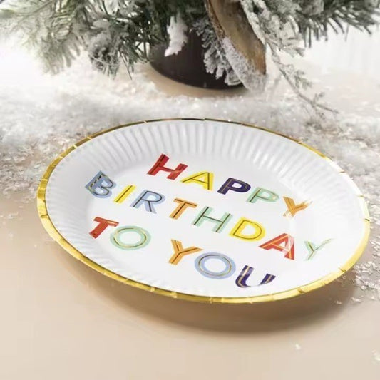 Set 10 Farfurii Unica Folosinta pentru Petrecere, Imprimeu Happy Birthday, Carton cu Strat Protector, Diametru 18 cm, Alb Multicolor