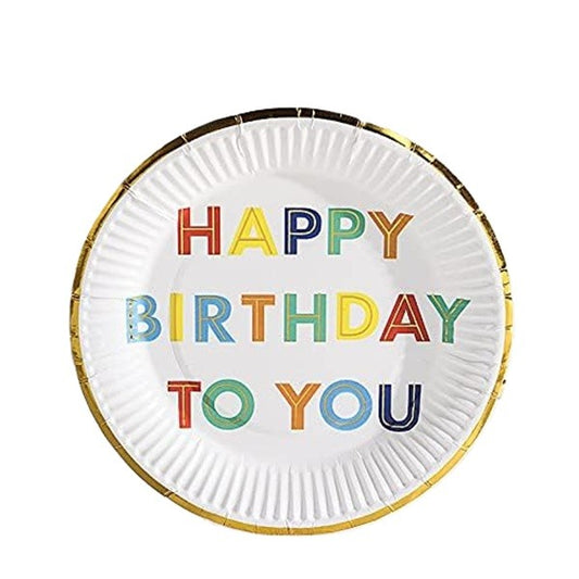 Set 10 Farfurii Unica Folosinta pentru Petrecere, Imprimeu Happy Birthday, Carton cu Strat Protector, Diametru 18 cm, Alb Multicolor