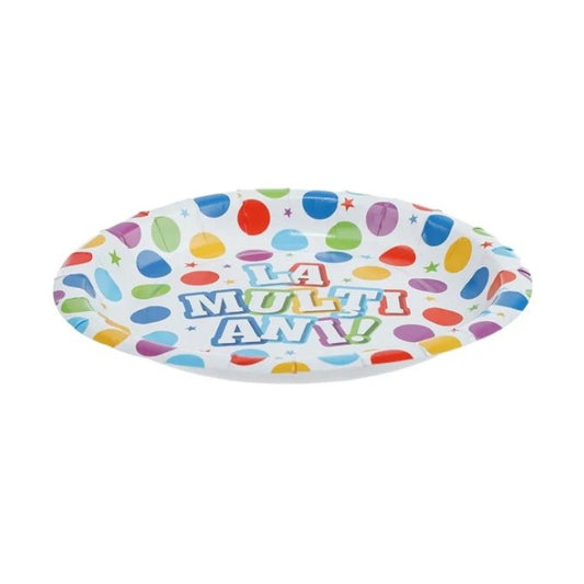 Set 10 Farfurii de Unică Folosință pentru Petrecere, Imprimeu La Mulți Ani, Carton cu Strat Protector Plastic, Diametru 17 cm, Multicolor