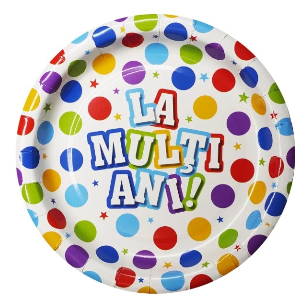 Set 10 Farfurii de Unică Folosință pentru Petrecere, Imprimeu La Mulți Ani, Carton cu Strat Protector Plastic, Diametru 17 cm, Multicolor