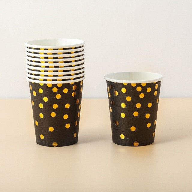 Set 10 Pahare de Unică Folosință, Design Festiv cu Imprimeu Buline Auriu, Carton Reciclabil, 250 ml, Negru/Auriu