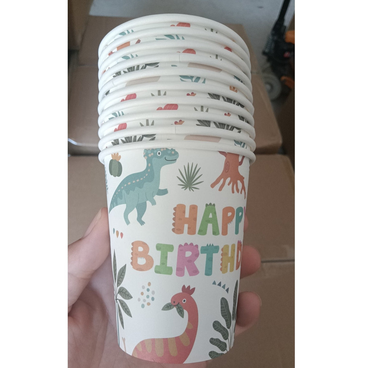 Set 10 Pahare de Unică Folosință, Imprimeu Tematic Dinozauri și Buline, Carton Reciclabil, 250 ml, 7.5 x 8.5 x 5.2 cm, Multicolor