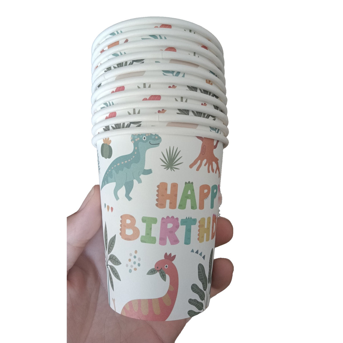 Set 10 Pahare de Unică Folosință, Imprimeu Tematic Dinozauri și Buline, Carton Reciclabil, 250 ml, 7.5 x 8.5 x 5.2 cm, Multicolor