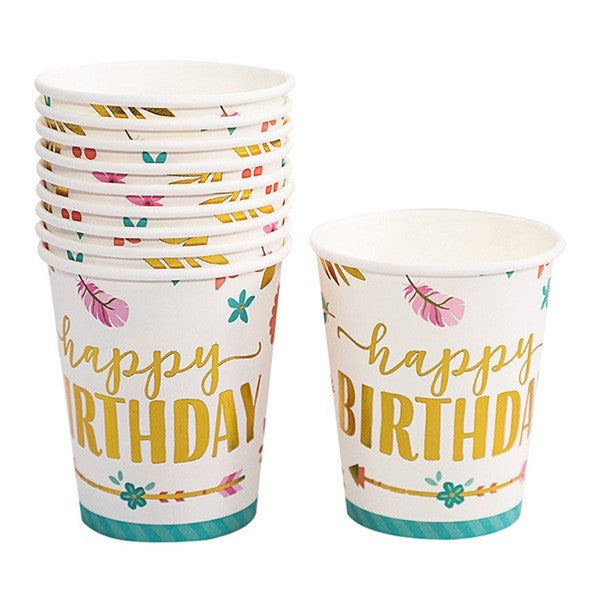 Set 10 Pahare Carton Petrecere, Imprimeu Happy Birthday Gold, Reciclabile, De Unică Folosință, Multicolor, 250 ml