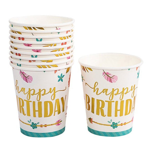 Set 10 Pahare Carton Petrecere, Imprimeu Happy Birthday Gold, Reciclabile, De Unică Folosință, Multicolor, 250 ml