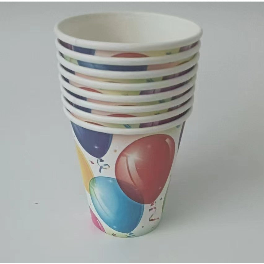 Set 10 Pahare Petrecere, Imprimeu Baloane si Buline, De Unica Folosinta, Carton Reciclabil, 250 ml, Multicolor