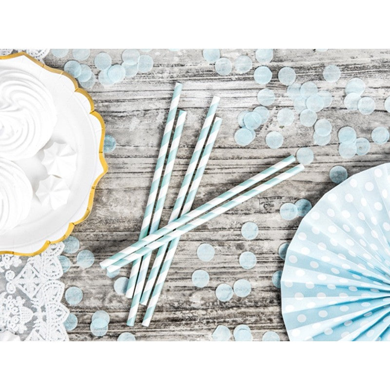Set 25 Paie din Hartie Biodegradabila, Model cu Dungi pentru Cocktail si Party, Ecologice, 20 cm, Alb/Albastru