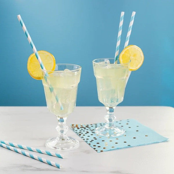 Set 25 Paie din Hartie Biodegradabila, Model cu Dungi pentru Cocktail si Party, Ecologice, 20 cm, Alb/Albastru