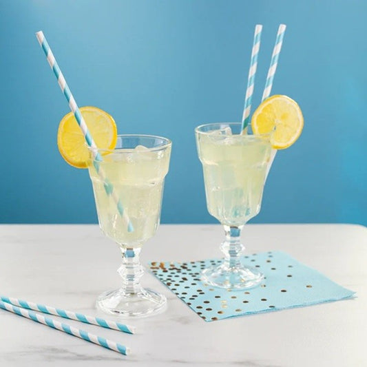 Set 25 Paie din Hartie Biodegradabila, Model cu Dungi pentru Cocktail si Party, Ecologice, 20 cm, Alb/Albastru
