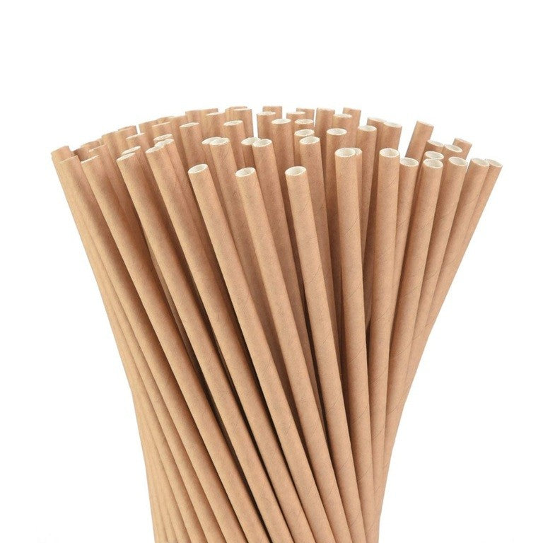 Set 100 Paie Biodegradabile, Paie Din Hartie Ecologice Pentru Bauturi, Model Uni, Kraft, 20 cm x 0.6 cm, 100 Bucati