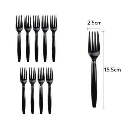 Set 10 Furculite Unica Folosinta pentru Picnic si Evenimente, Tacamuri Reutilizabile din Plastic, 15.5x2.5 cm, Negru