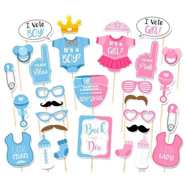 Set Accesorii Party Props pentru Photo Booth, Tematica Gender Reveal si Baby Shower, Carton si Lemn, Albastru si Roz, 43 Piese