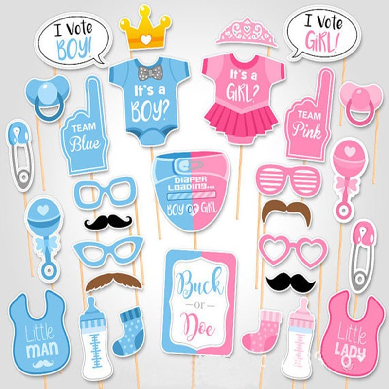 Set Accesorii Party Props pentru Photo Booth, Tematica Gender Reveal si Baby Shower, Carton si Lemn, Albastru si Roz, 43 Piese