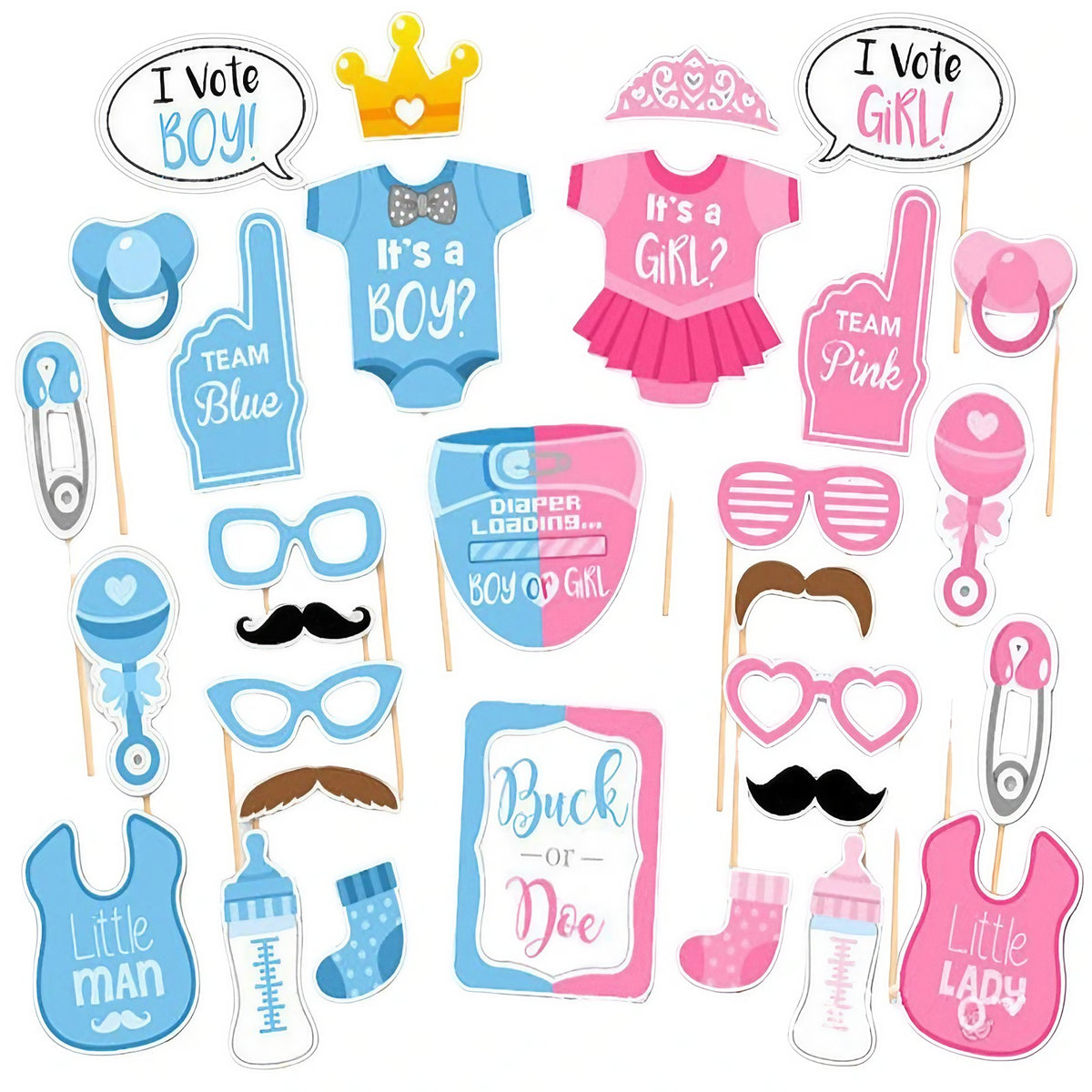 Set Accesorii Party Props pentru Photo Booth, Tematica Gender Reveal si Baby Shower, Carton si Lemn, Albastru si Roz, 43 Piese