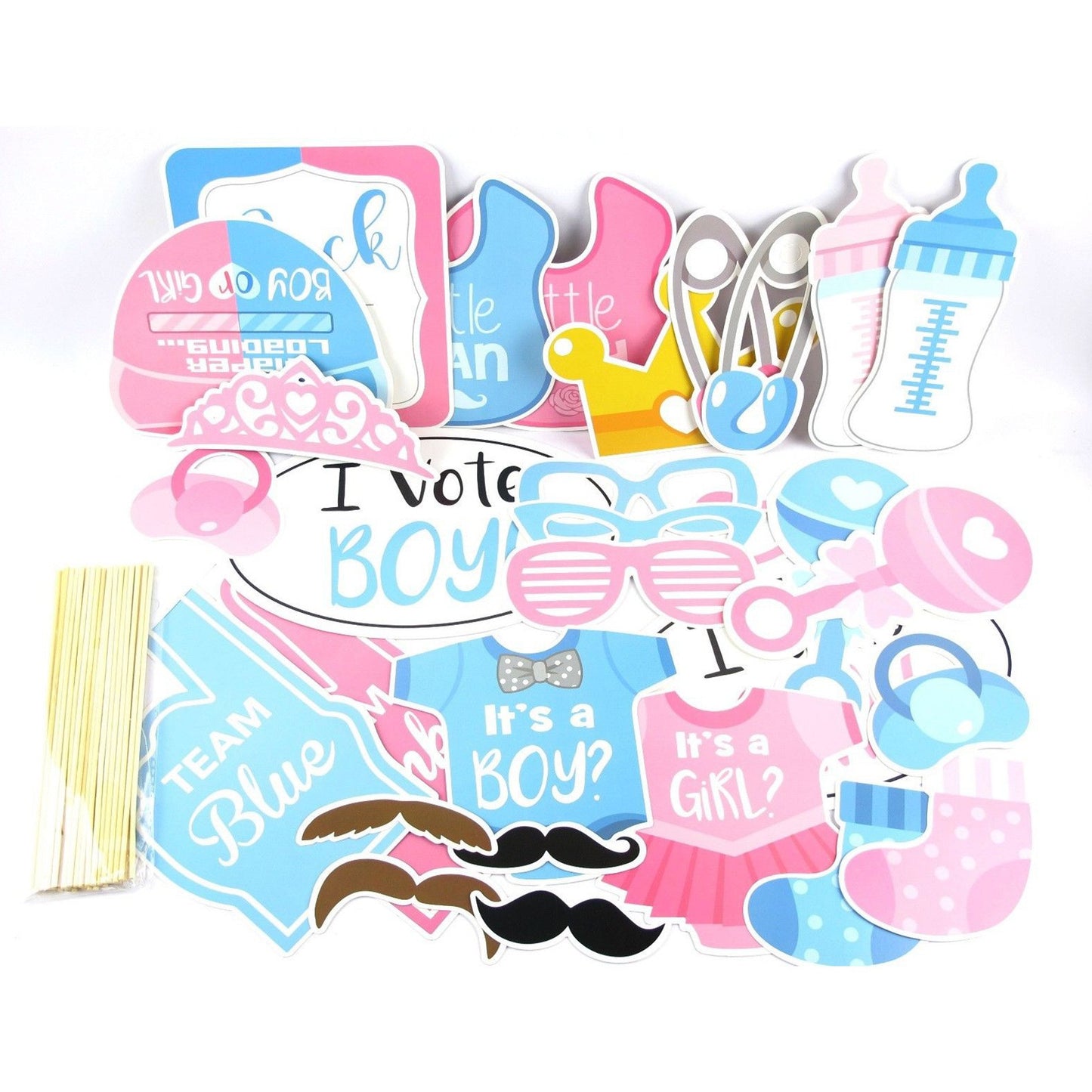 Set Accesorii Party Props pentru Photo Booth, Tematica Gender Reveal si Baby Shower, Carton si Lemn, Albastru si Roz, 43 Piese