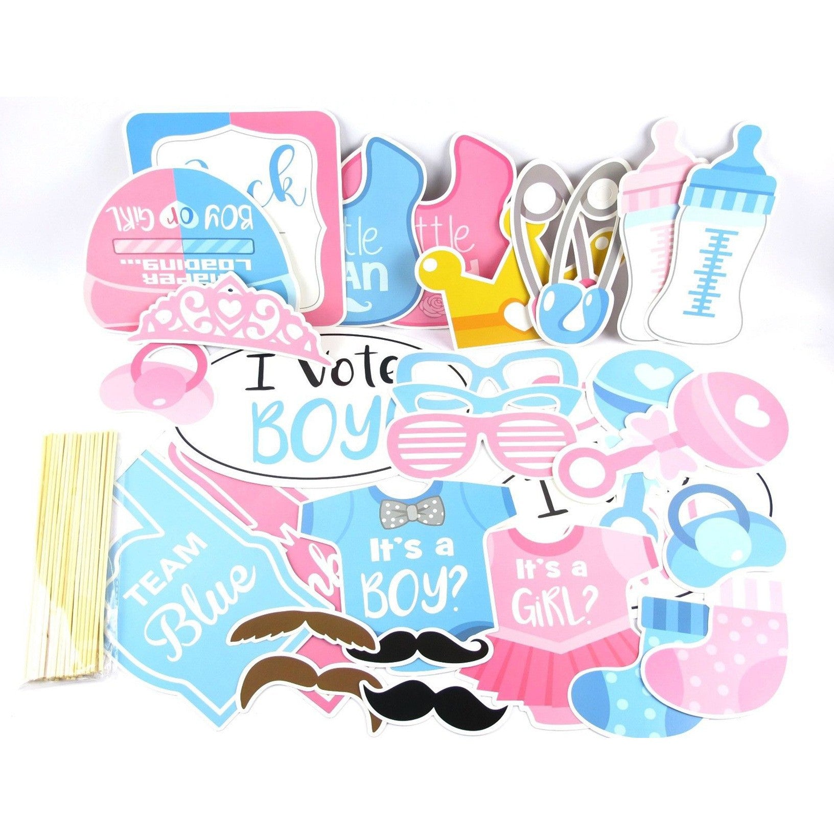 Set Accesorii Party Props pentru Photo Booth, Tematica Gender Reveal si Baby Shower, Carton si Lemn, Albastru si Roz, 43 Piese
