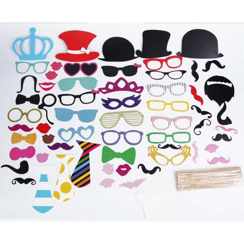 Set 60 Accesorii pentru Petrecere, Props Photo Booth pentru Coltul de Poze, Ochelari, Mustati si Palarii, Carton si Lemn, 60 Bucati, Multicolor
