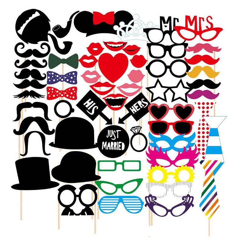 Set 60 Accesorii pentru Petrecere, Props Photo Booth pentru Coltul de Poze, Ochelari, Mustati si Palarii, Carton si Lemn, 60 Bucati, Multicolor