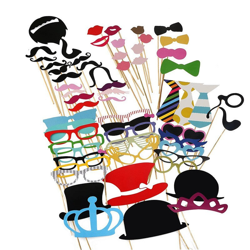 Set 60 Accesorii pentru Petrecere, Props Photo Booth pentru Coltul de Poze, Ochelari, Mustati si Palarii, Carton si Lemn, 60 Bucati, Multicolor