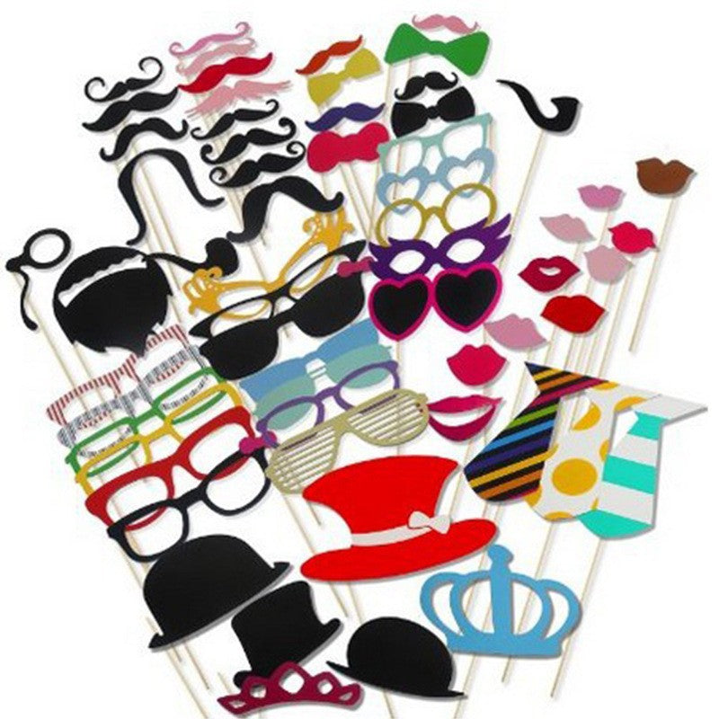 Set 60 Accesorii pentru Petrecere, Props Photo Booth pentru Coltul de Poze, Ochelari, Mustati si Palarii, Carton si Lemn, 60 Bucati, Multicolor