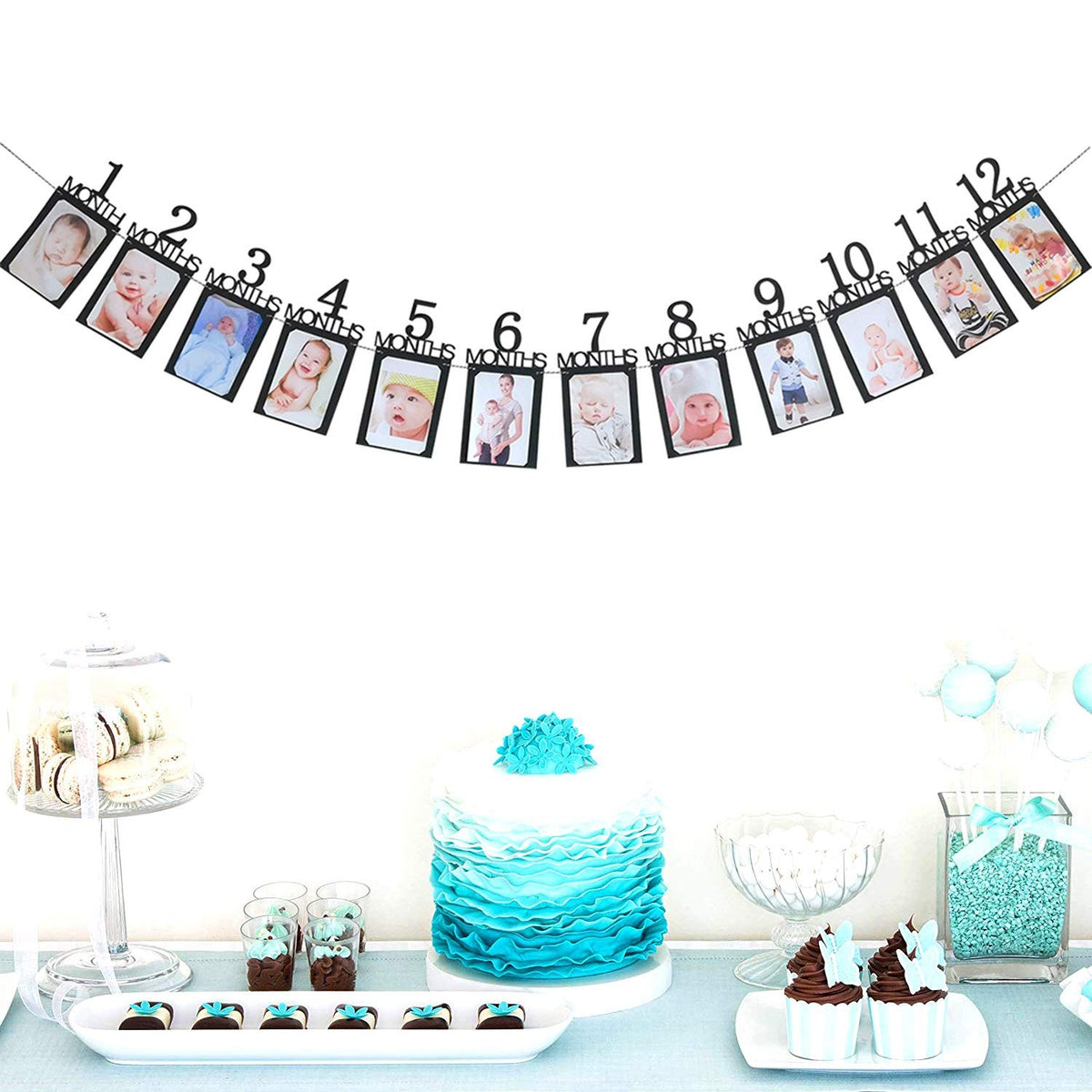 Banner Foto Prima Aniversare, Decoratiune Primele 12 Luni, Carton Rezistent cu Rola Ata Inclusa, 15.2x10.2 cm, Negru