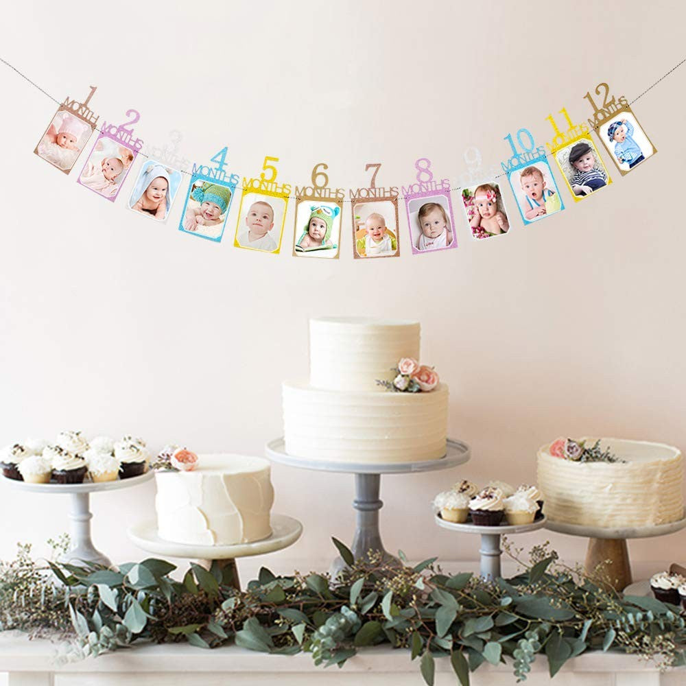 Banner Foto Prima Aniversare, Decoratiune Primele 12 Luni, Ghirlanda Fotografii Bebelusi cu Rola Ata Inclusa, Carton, 15.2x10.2 cm, Multicolor