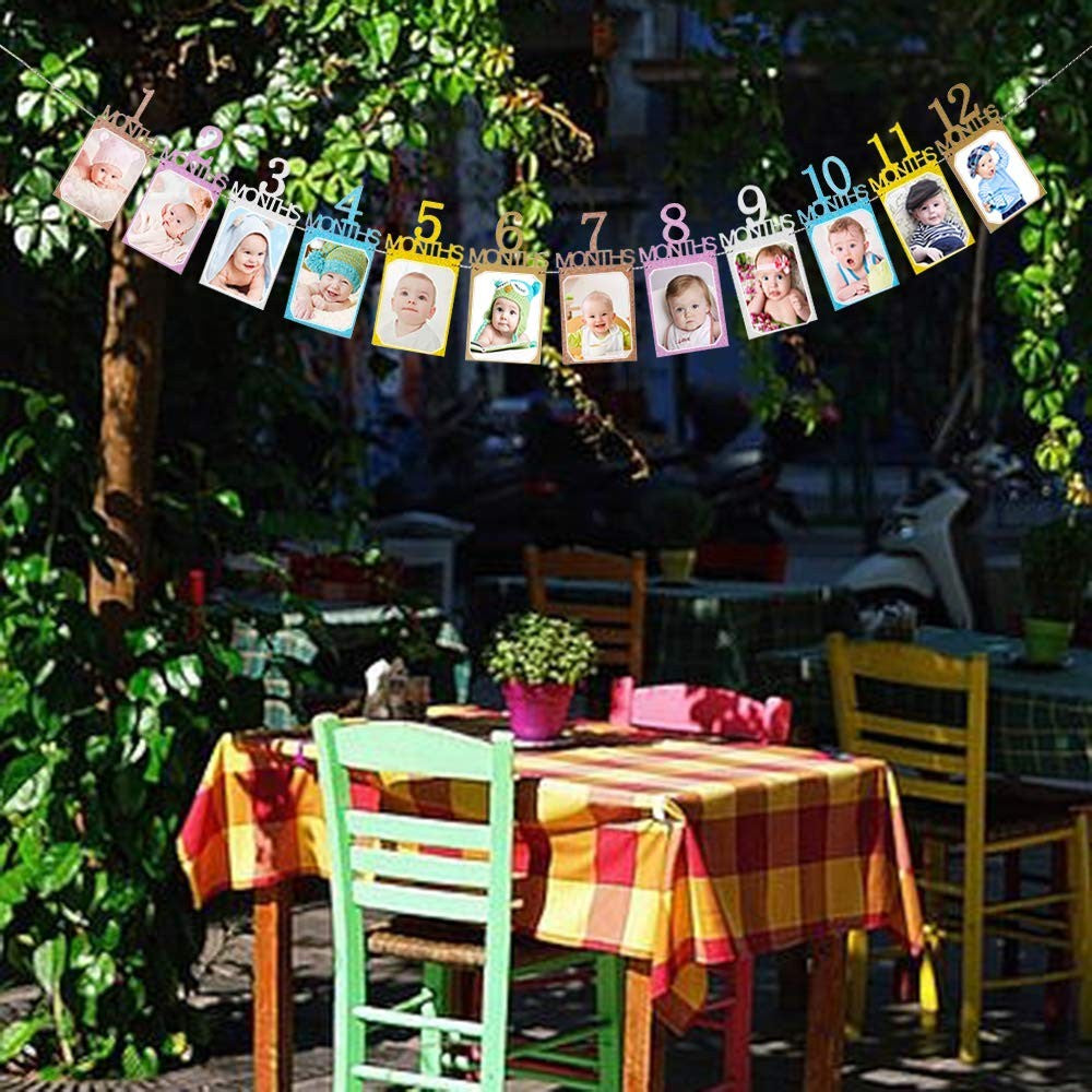Banner Foto Prima Aniversare, Decoratiune Primele 12 Luni, Ghirlanda Fotografii Bebelusi cu Rola Ata Inclusa, Carton, 15.2x10.2 cm, Multicolor