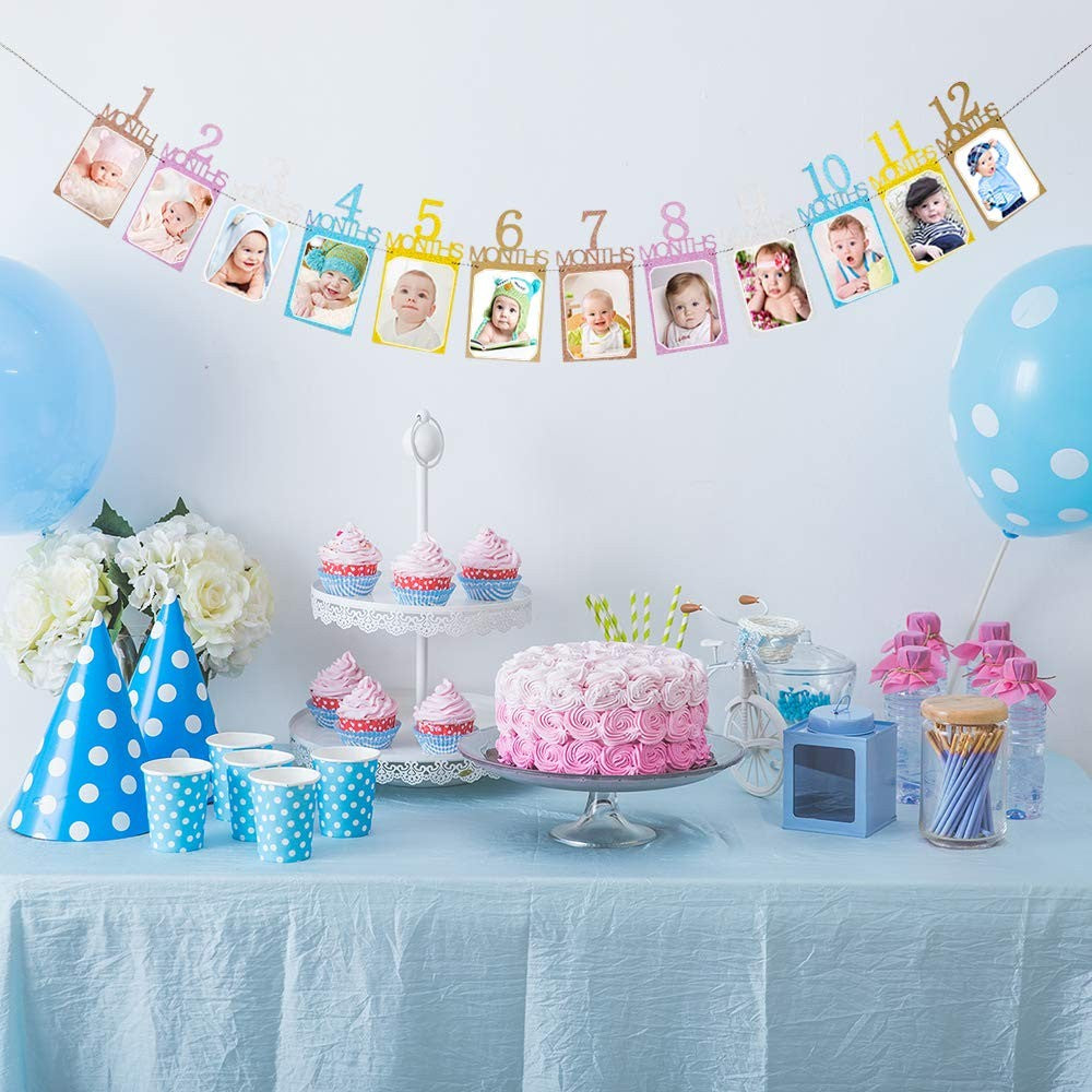 Banner Foto Prima Aniversare, Decoratiune Primele 12 Luni, Ghirlanda Fotografii Bebelusi cu Rola Ata Inclusa, Carton, 15.2x10.2 cm, Multicolor