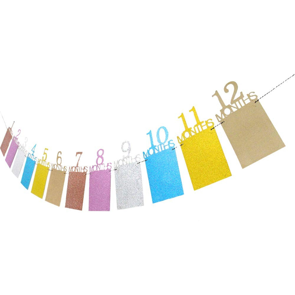 Banner Foto Prima Aniversare, Decoratiune Primele 12 Luni, Ghirlanda Fotografii Bebelusi cu Rola Ata Inclusa, Carton, 15.2x10.2 cm, Multicolor