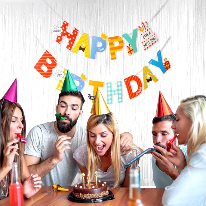 Banner Happy Birthday Tematica Jungle, Decor Aniversare Animale Sălbatice, Material Rezistent, Include Rolă de Ață, Multicolor, 100x200 cm