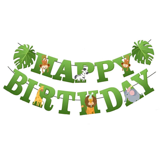 Banner Happy Birthday Tematica Jungle, Decoratiune Aniversara pentru Interior si Exterior, Material Rezistent, Rola de Ata Inclusa, Verde, 100x200 cm