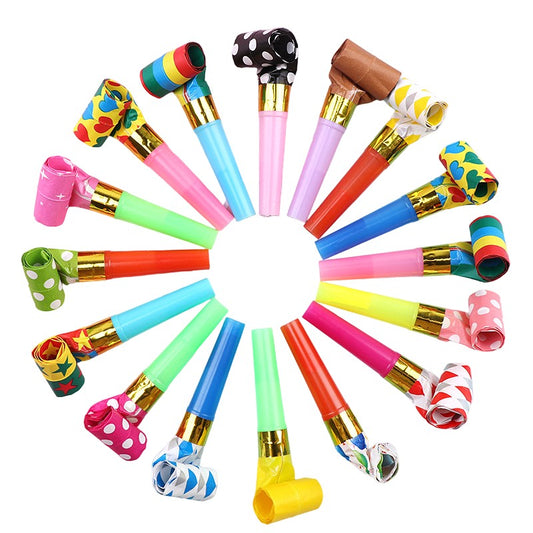 Set 6 Suflatori pentru Petrecere, Accesorii Tematica Aniversare si Copii, Jucarii cu Sunet din Material Non-Toxic, 8 cm, Multicolore cu Imprimeu