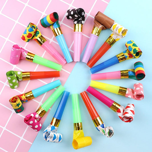 Set 6 Suflatori pentru Petrecere, Accesorii Tematica Aniversare si Copii, Jucarii cu Sunet din Material Non-Toxic, 8 cm, Multicolore cu Imprimeu