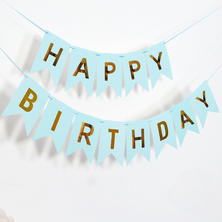 Banner Happy Birthday pentru Aniversare, Decor Petrecere cu 13 Stegulețe, Rezistent la Intemperii, Include Rolă de Ață, Albastru, 100x200 cm