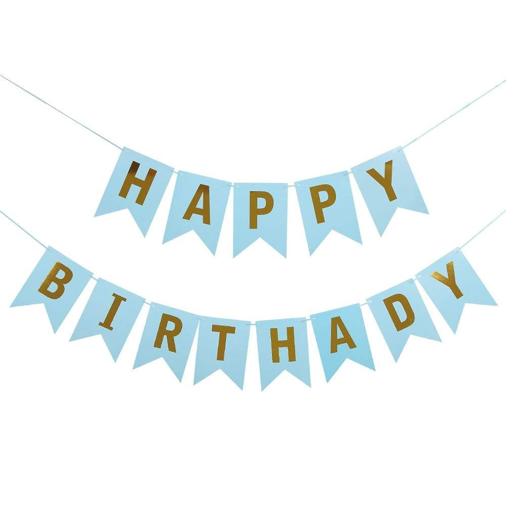 Banner Happy Birthday pentru Aniversare, Decor Petrecere cu 13 Stegulețe, Rezistent la Intemperii, Include Rolă de Ață, Albastru, 100x200 cm