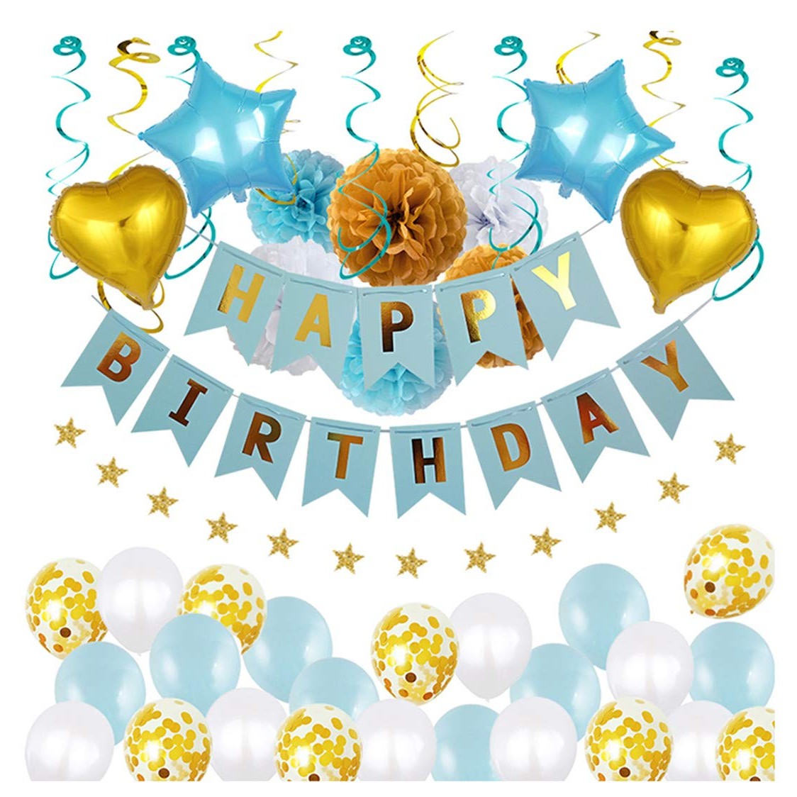 Banner Happy Birthday pentru Aniversare, Decor Petrecere cu 13 Stegulețe, Rezistent la Intemperii, Include Rolă de Ață, Albastru, 100x200 cm
