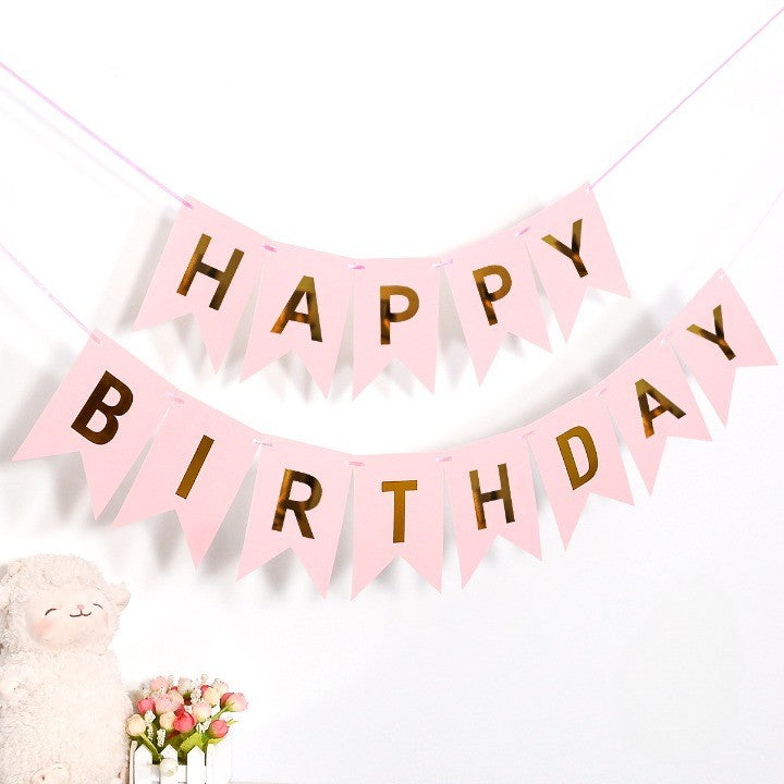 Banner Happy Birthday Pentru Aniversare, Decoratiune Petrecere Cu Stegulete Si Rola De Ata, Material Rezistent, 100x200 cm, Roz