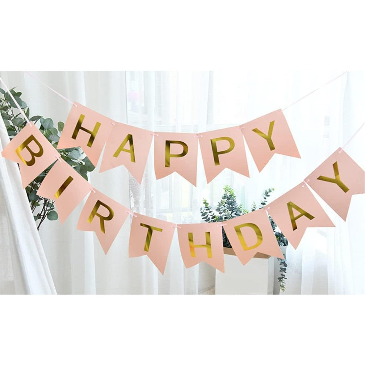 Banner Happy Birthday Pentru Aniversare, Decoratiune Petrecere Cu Stegulete Si Rola De Ata, Material Rezistent, 100x200 cm, Roz
