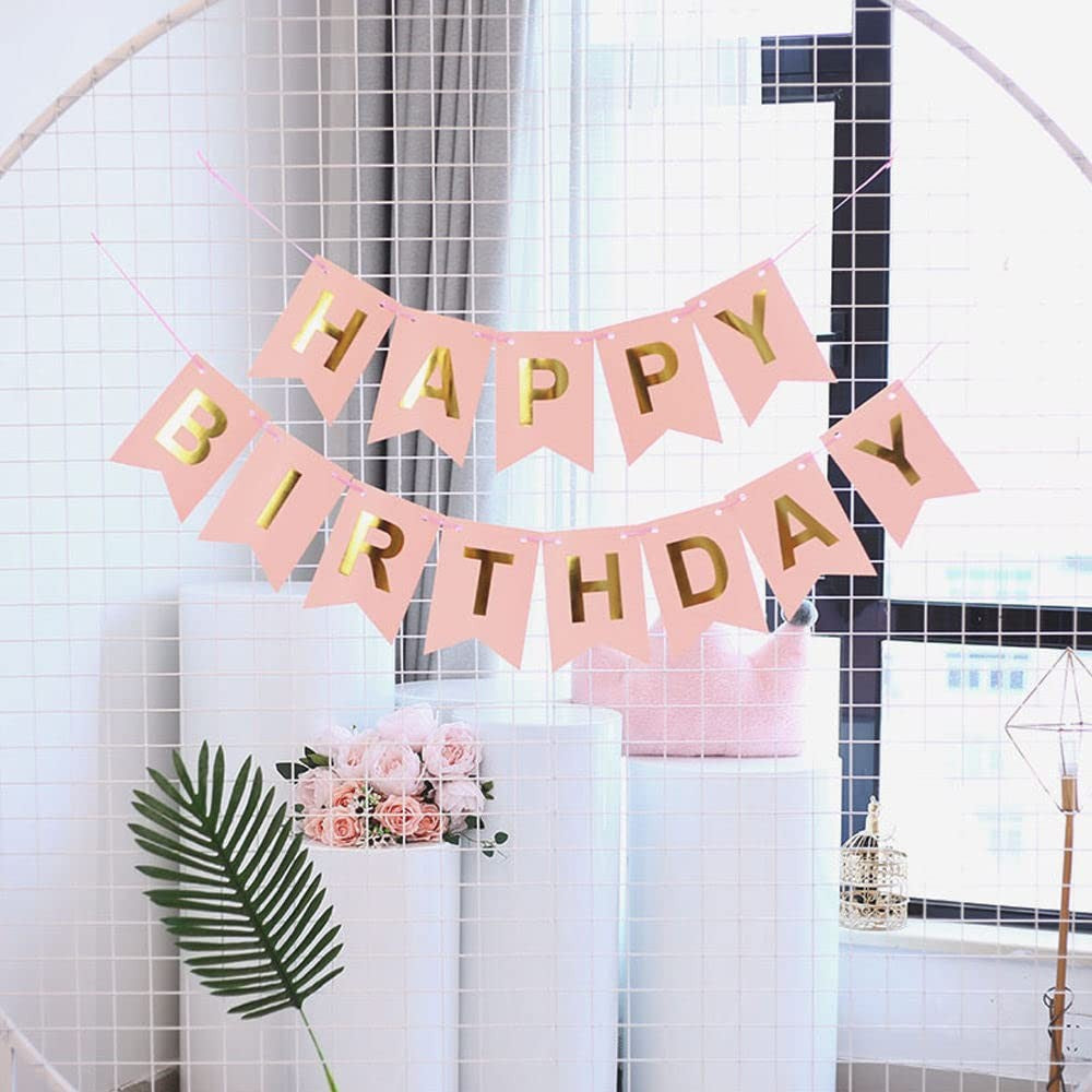Banner Happy Birthday Pentru Aniversare, Decoratiune Petrecere Cu Stegulete Si Rola De Ata, Material Rezistent, 100x200 cm, Roz