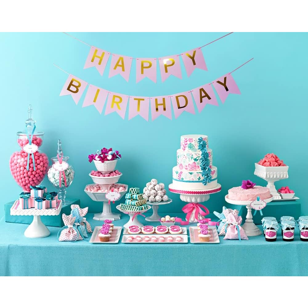 Banner Happy Birthday Pentru Aniversare, Decoratiune Petrecere Cu Stegulete Si Rola De Ata, Material Rezistent, 100x200 cm, Roz